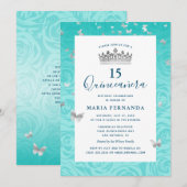 Elegant Roos Blauwgroen Zilveren Kroon Bloemen Qui Kaart (Voorkant / Achterkant)