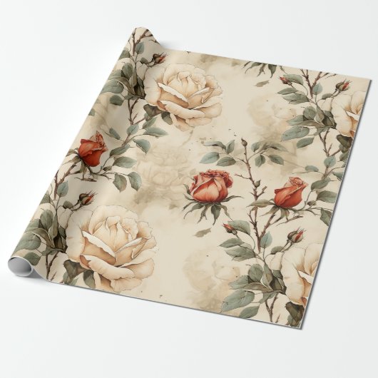 Elegant  Roos Bloem Beige Bloemen Cadeaupapier (Uitgerold)