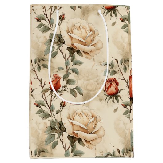 Elegant  Roos Bloem Beige Bloemen Medium Cadeauzakje (Voorkant)