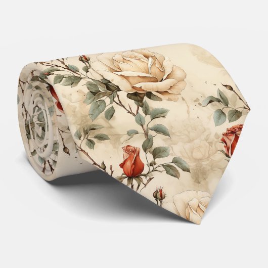 Elegant Roos Bloem Beige Bloemen Stropdas (Opgerold)