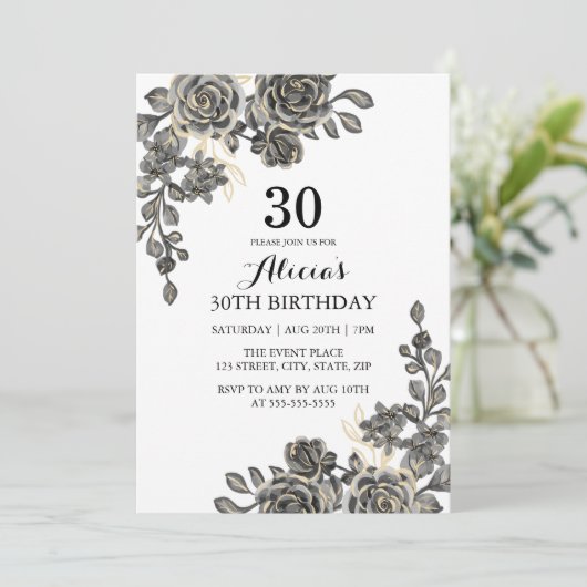 Elegant Roos Bloem Zwart & Goud Verjaardag Kaart (Staand voorkant)