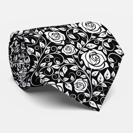 Elegant Roos Bloemblaadjes Patroon Zwart-wit Stropdas (Opgerold)