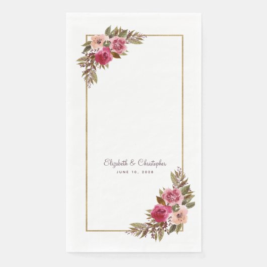 Elegant Roos Bloemen Goud Metallic Bruiloft Wit Servet (Voorkant)