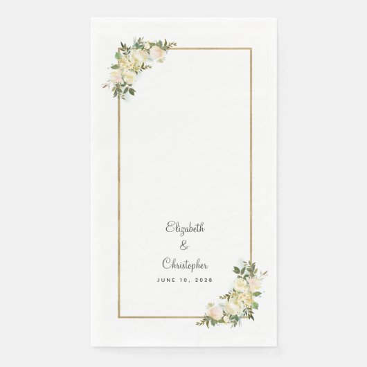 Elegant Roos Bloemen Goud Metallic Bruiloft Wit Servet (Voorkant)