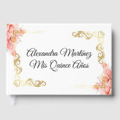 Elegant Roos Bloemen Wit Goud Lijst Quinceañera Gastenboek (Voorkant)