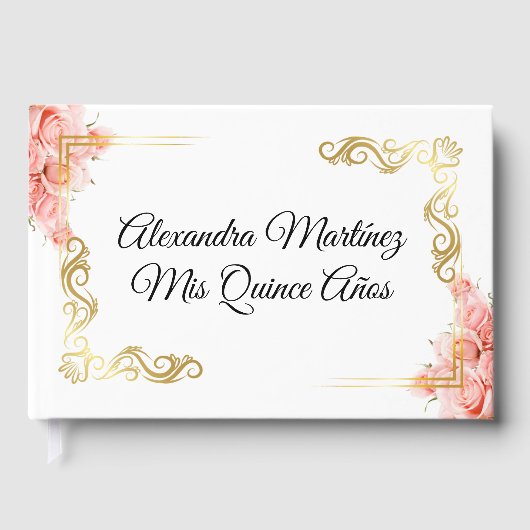 Elegant Roos Bloemen Wit Goud Lijst Quinceañera Gastenboek (Voorkant)