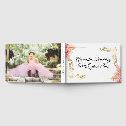 Elegant Roos Bloemen Wit Goud Lijst Quinceañera Gastenboek (Volledig)
