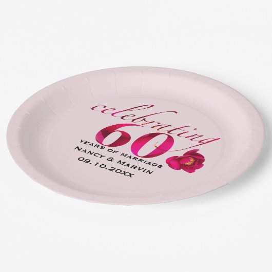 Elegant roos bloemig 60e Jubileum naamdatum Papieren Bordje (Gekanteld)