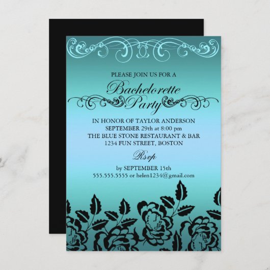 Elegant Roos Blue Bachelorette Party Invitation Kaart (Voorkant / Achterkant)