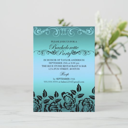 Elegant Roos Blue Bachelorette Party Invitation Kaart (Staand voorkant)
