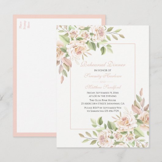 Elegant Roos Blush Pink Floral Rehearings Dinner I Uitnodiging Briefkaart (Voorkant / Achterkant)