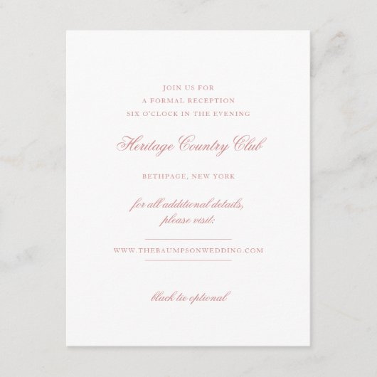 Elegant Roos Blush Script Chique Receptie Bruiloft Informatiekaartje (Voorkant)