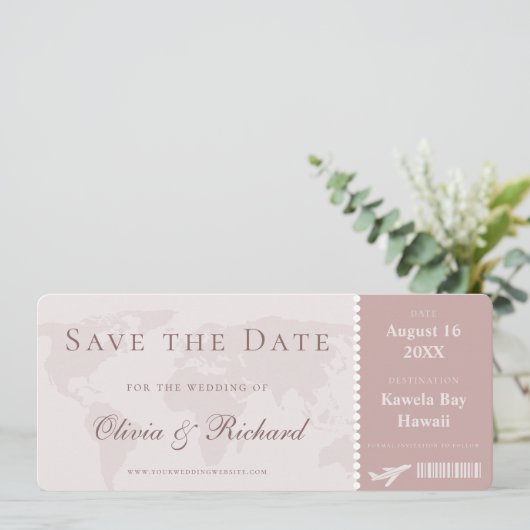 Elegant Roos boarding Pass Save the Date Kaart (Staand voorkant)
