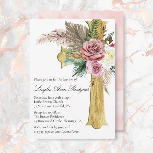 Elegant Roos Boho Floral Houten Kruisdoop Kaart