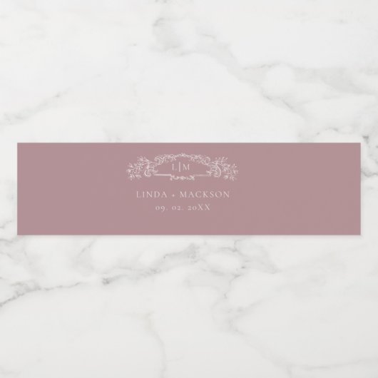 Elegant roos botanische kam monogram bruiloft waterfles etiket (Enkel label)