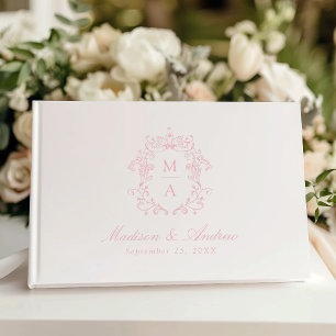 Elegant Roos Chinoiserie Crest Monogram Huwelijk Gastenboek