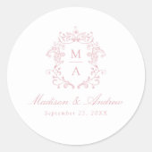 Elegant Roos Chinoiserie Crest Monogram Huwelijk Ronde Sticker (Voorkant)