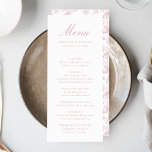 Elegant Roos Chinoiserie Victoriaans bloemenbruilo Menu<br><div class="desc">Creëer een prachtige eetervaring met onze Elegant Dusty Roos Pink Chinoiserie Floral huwelijksmenu. Dit aanpasbare menu biedt elegante stoffige rozen kalligrafie op een heldere witte achtergrond en stelt koppels in staat hun namen, trouwdatum en gepersonaliseerde menu-aanbiedingen toe te voegen. De achterkant toont een prachtig stoffig roos en een wit bloemenpatroon...</div>