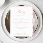 Elegant Roos Chinoiserie Victoriaans bloemenbruilo Menu<br><div class="desc">Verhoog uw huwelijksreceptie met onze Elegant Roos Chinoiserie Floral huwelijksmenu. Ontworpen met sierlijke stoffige rozen roze kalligrafie op een witte achtergrond, is dit menu volledig aanpasbaar met uw namen, trouwdatum en menudetails. De achterkant heeft een prachtig stoffig roos en een wit bloemenpatroon van Chinoiserie, waardoor je een vleugje klassieke elegantie...</div>