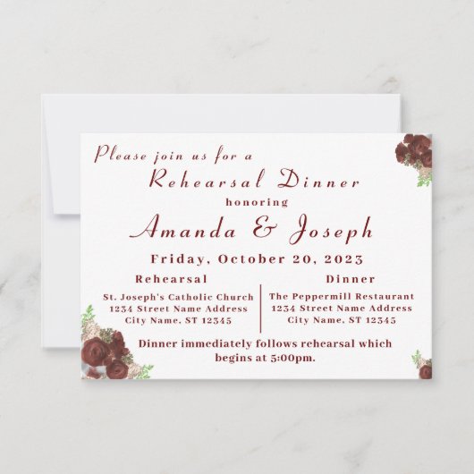 Elegant Roos Corsage Rehearsal Dinner Invitation Kaart (Voorkant)