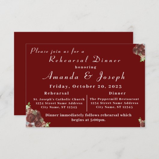 Elegant Roos Corsage Rehearsal Dinner Invitation Kaart (Voorkant / Achterkant)
