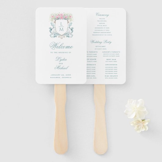 Elegant Roos Crest Monogram Trouwprogramma Handwaaier (Voorkant en achterkant)