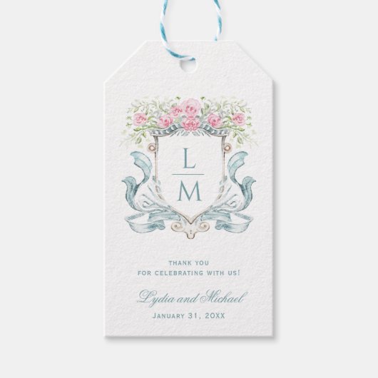 Elegant Roos Crest w / Bow | Monogram bruiloft Cadeaulabel (Voorkant)