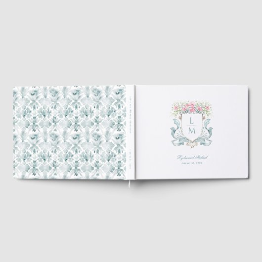Elegant Roos Crest w / Bow | Monogram bruiloft Gastenboek (Volledig)