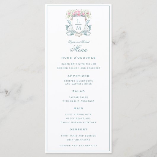 Elegant Roos Crest w / Bow | Monogram bruiloft Menu (Voorkant)