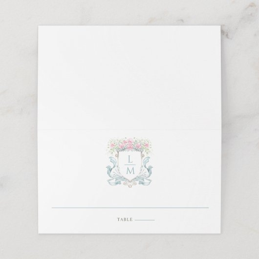 Elegant Roos Crest w / Bow | Monogram bruiloft Plaatskaartje (Buitenkant ongevouwen)