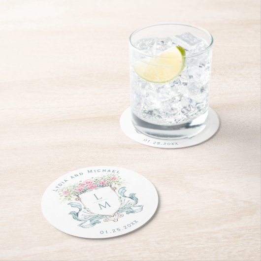 Elegant Roos Crest w / Bow | Monogram bruiloft Ronde Kartonnen Onderzetter (Insitu)