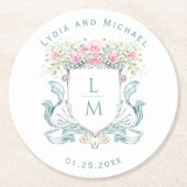 Elegant Roos Crest w / Bow | Monogram bruiloft Ronde Kartonnen Onderzetter (Voorkant)