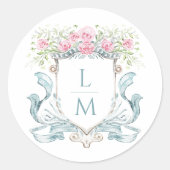 Elegant Roos Crest w / Bow | Monogram bruiloft Ronde Sticker (Voorkant)