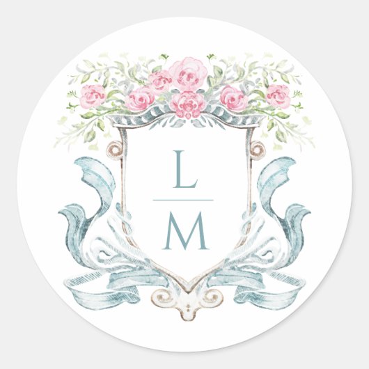 Elegant Roos Crest w / Bow | Monogram bruiloft Ronde Sticker (Voorkant)