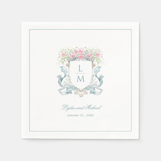 Elegant Roos Crest w / Bow | Monogram bruiloft Servet (Voorkant)