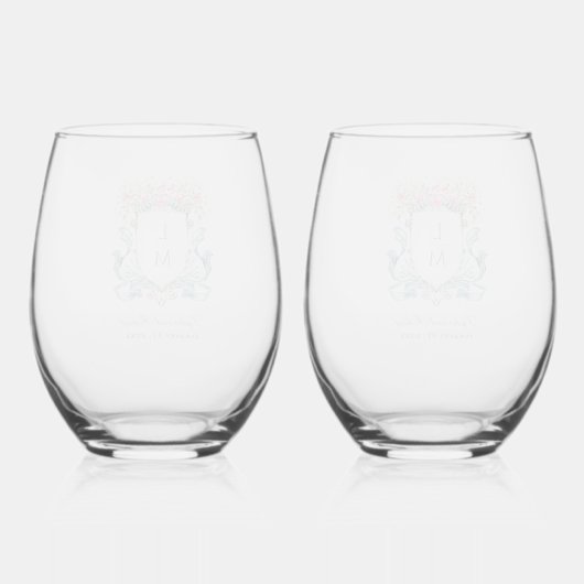 Elegant Roos Crest w / Bow | Monogram bruiloft Wijnglas Zonder Voet (Achterkant)