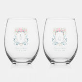 Elegant Roos Crest w / Bow | Monogram bruiloft Wijnglas Zonder Voet (Voorkant)