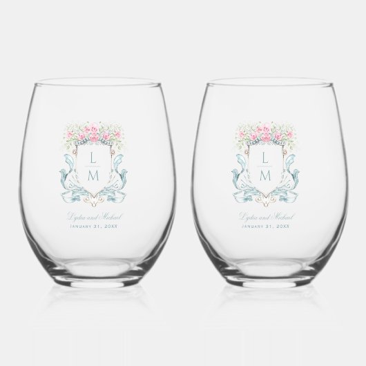 Elegant Roos Crest w / Bow | Monogram bruiloft Wijnglas Zonder Voet (Voorkant)