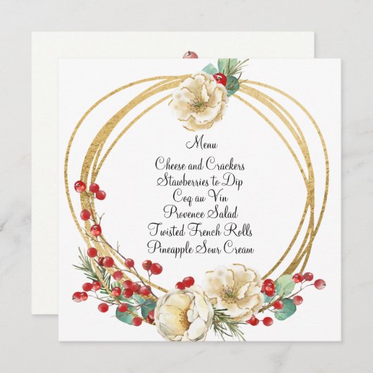 Elegant Roos en Berry Wreath Kerstmenu Kaart (Voorkant / Achterkant)