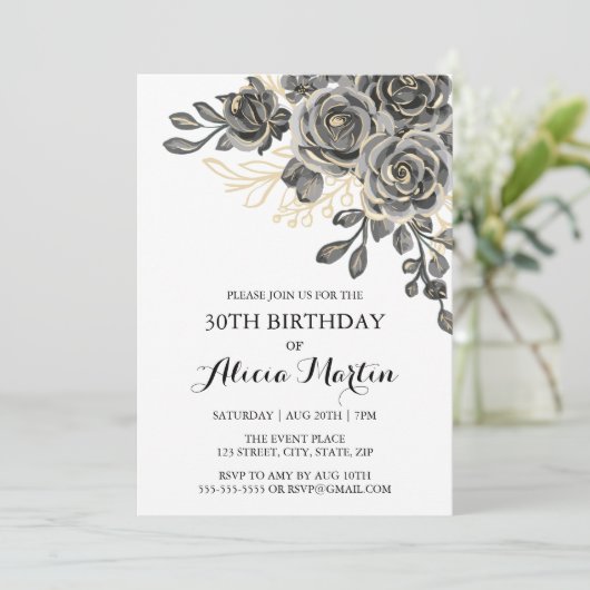 Elegant Roos Flora Black & Gold Verjaardag Kaart (Staand voorkant)