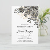 Elegant Roos Flora Zwart & Goud Verjaardagsfeest Kaart (Staand voorkant)