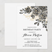 Elegant Roos Flora Zwart & Goud Verjaardagsfeest Kaart (Voorkant / Achterkant)