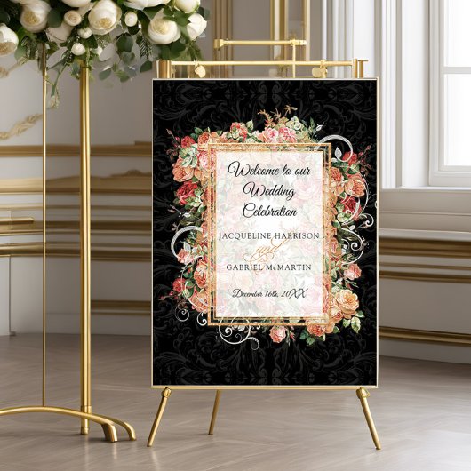 Elegant Roos Floral Blush Black Welkomsthuwelijk Poster