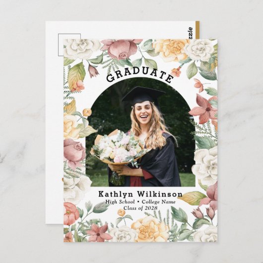 Elegant Roos Floral Foto Afstuderen Aankondiging Briefkaart (Voorkant / Achterkant)