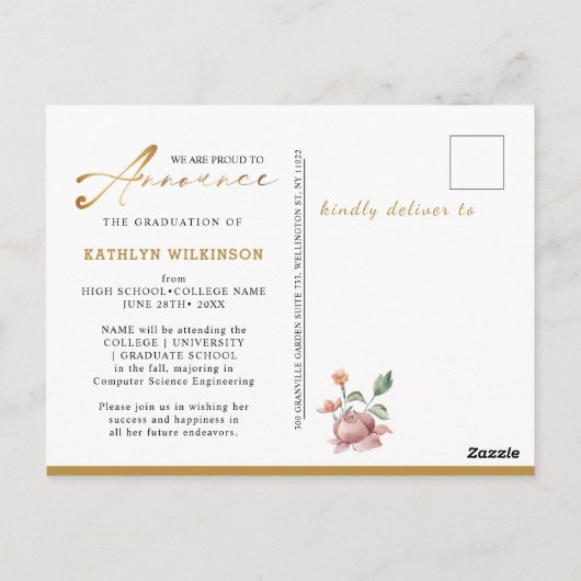 Elegant Roos Floral Foto Afstuderen Aankondiging Briefkaart (Achterkant)