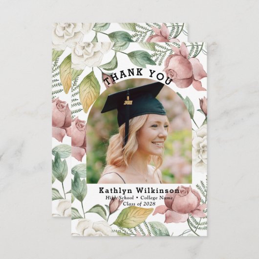 Elegant Roos Floral Foto Afstuderen Hartelijk dank Bedankkaart (Voorkant / Achterkant)