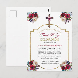 Elegant Roos Floral Gold First Heilige Communie Briefkaart
