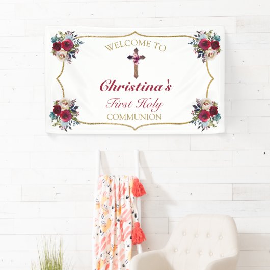 Elegant Roos Floral Gold First Heilige Communie Spandoek (Insitu)