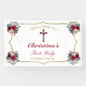 Elegant Roos Floral Gold First Heilige Communie Spandoek (Horizontaal)