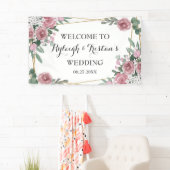 Elegant Roos Floral Greenery Gold Wedding Backdrop Spandoek (Insitu)